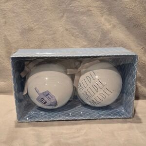 Rae Dunn Set of 2 Happy Hanukkah Glass Ornaments Dreidel Set